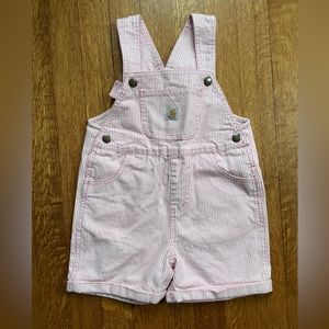 Carhartt short bibs, pink railroad stripe, overalls